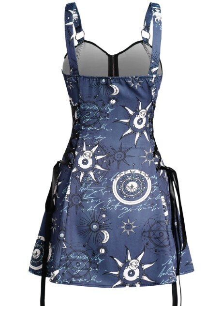 Sun Stars and Moon Lace up Gothic Mini Dress