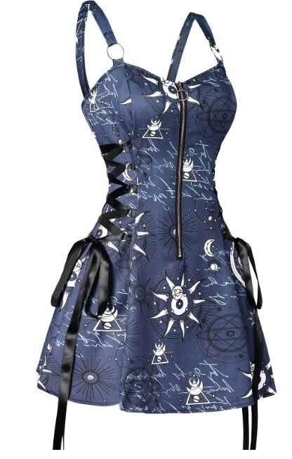 Sun Stars and Moon Lace up Gothic Mini Dress