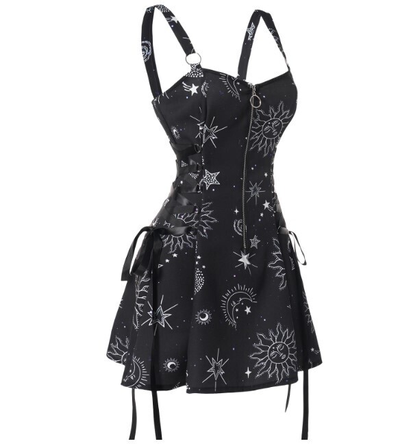 Sun Stars and Moon Lace up Gothic Mini Dress