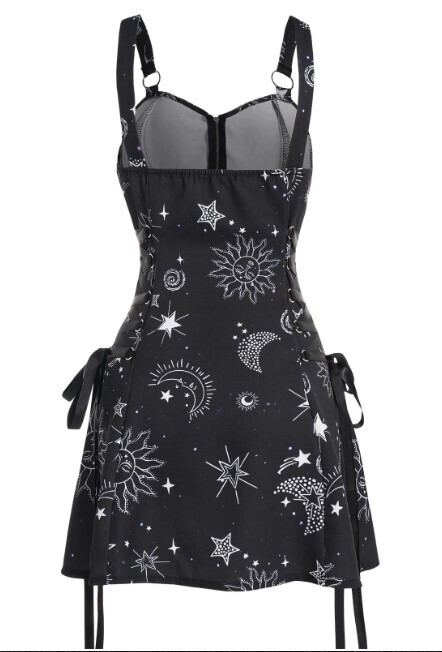 Sun Stars and Moon Lace up Gothic Mini Dress