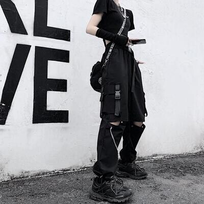 Gothic Hollow Out Streetwear Black Cargo Pants