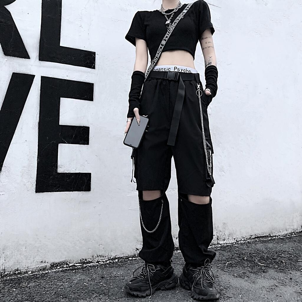 Gothic Hollow Out Streetwear Black Cargo Pants