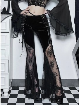 Black  Velvet Lace Flower Slim fit Flared Pants