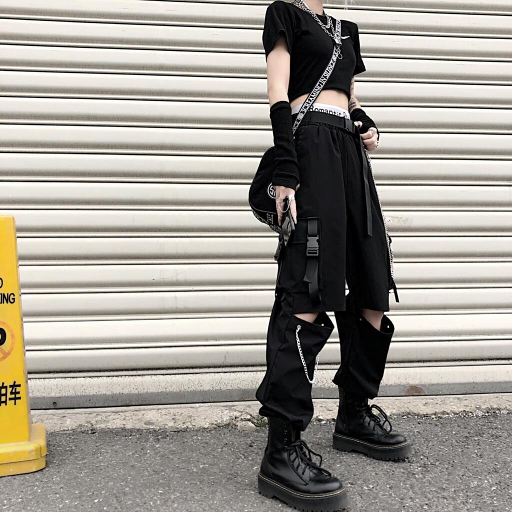 Gothic Hollow Out Streetwear Black Cargo Pants