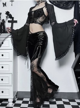Black  Velvet Lace Flower Slim fit Flared Pants