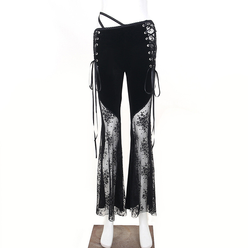 Black  Velvet Lace Flower Slim fit Flared Pants