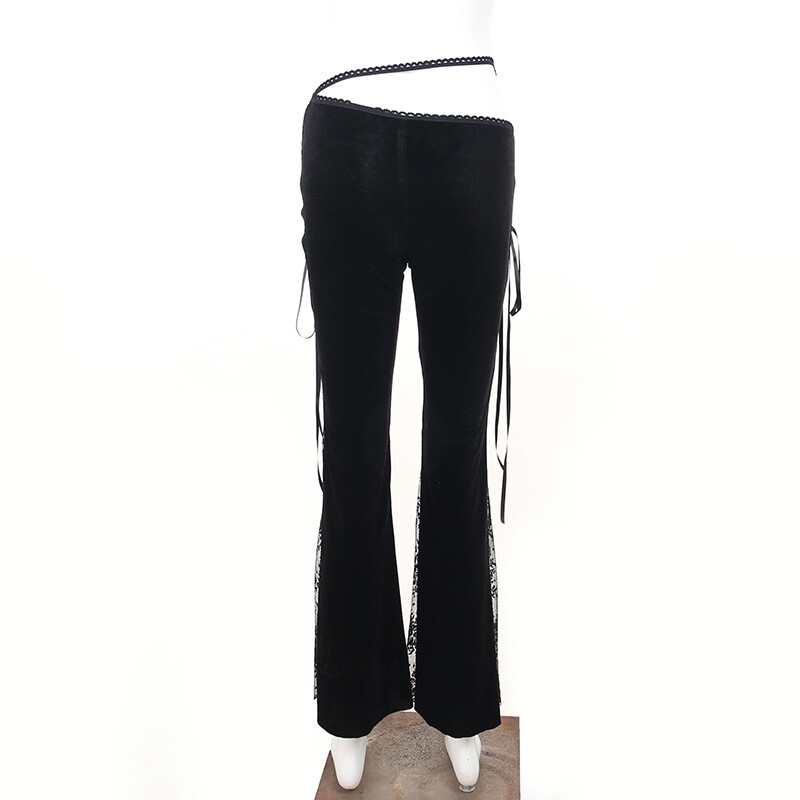 Black  Velvet Lace Flower Slim fit Flared Pants