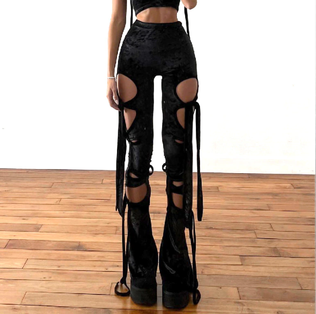Gothic Grunge Velvet Black Cut out Women&#39;s Pants