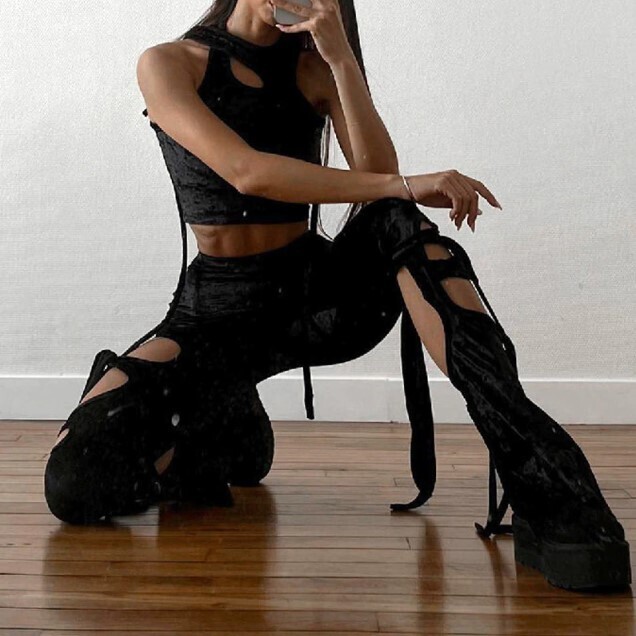 Gothic Grunge Velvet Black Cut out Women&#39;s Pants
