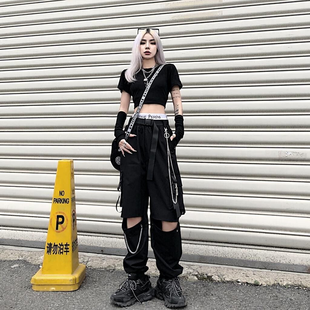Gothic Hollow Out Streetwear Black Cargo Pants