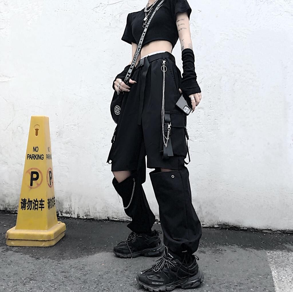 Gothic Hollow Out Streetwear Black Cargo Pants