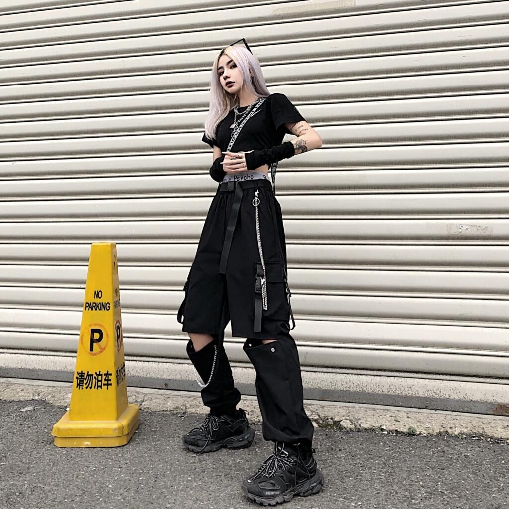 Gothic Hollow Out Streetwear Black Cargo Pants