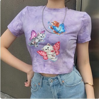 Aesthetic Butterfly Printed Purple Cotton Crop Top
