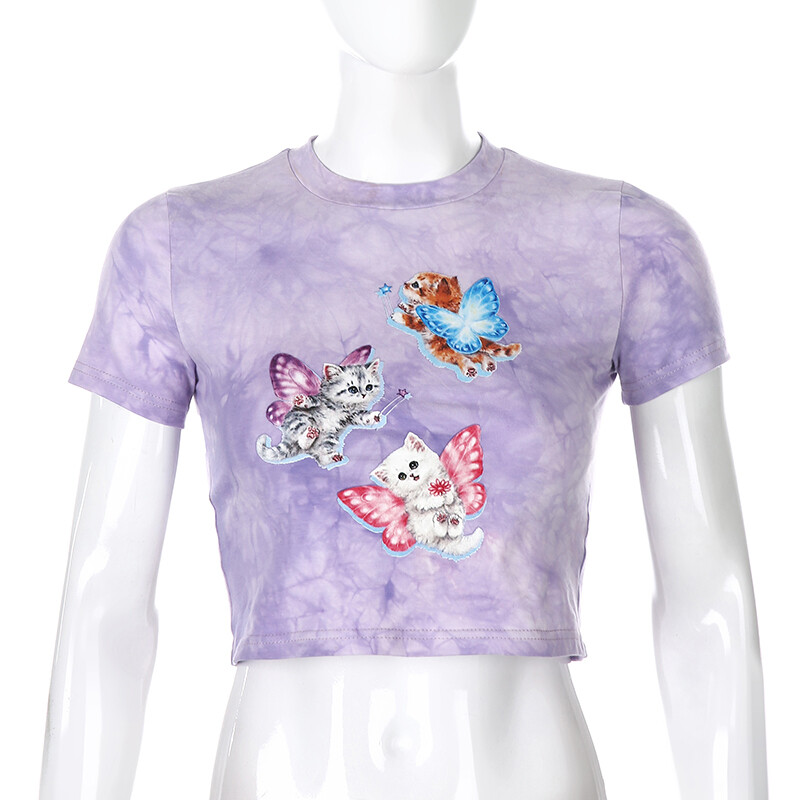 Aesthetic Butterfly Printed Purple Cotton Crop Top