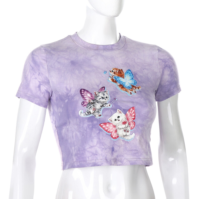 Aesthetic Butterfly Printed Purple Cotton Crop Top