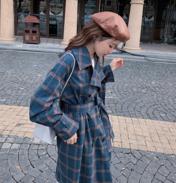Long Elegant Double Breasted Wool Plaid Coat