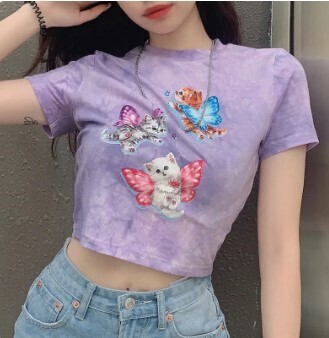 Aesthetic Butterfly Printed Purple Cotton Crop Top