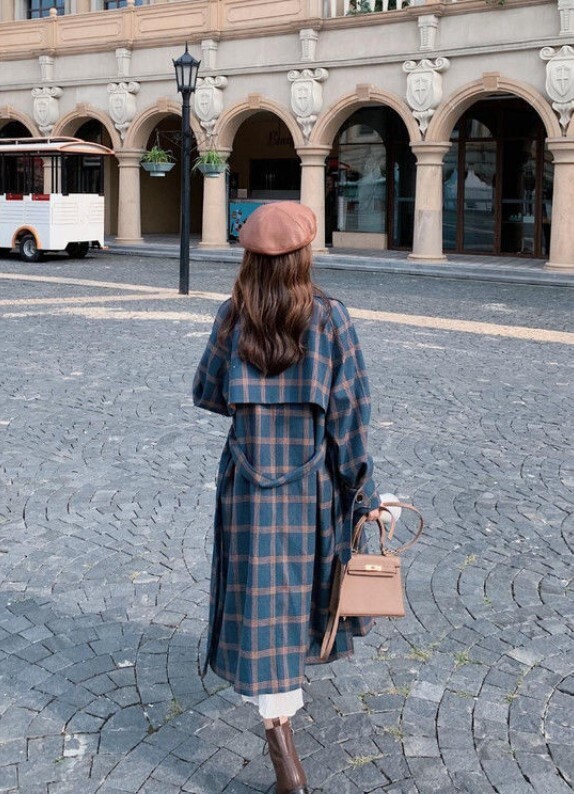 Long Elegant Double Breasted Wool Plaid Coat
