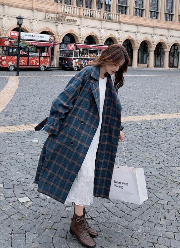 Long Elegant Double Breasted Wool Plaid Coat
