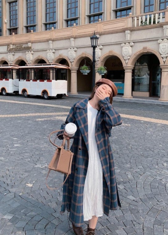 Long Elegant Double Breasted Wool Plaid Coat
