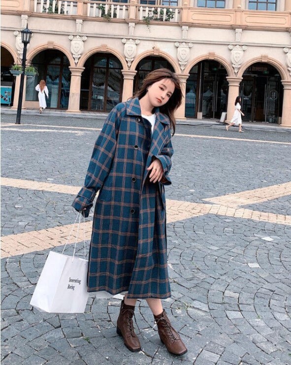 Long Elegant Double Breasted Wool Plaid Coat
