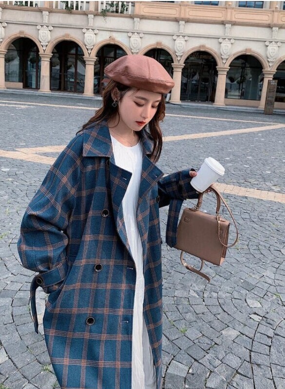 Long Elegant Double Breasted Wool Plaid Coat