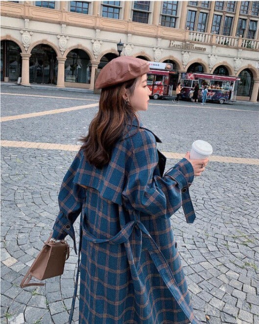 Long Elegant Double Breasted Wool Plaid Coat