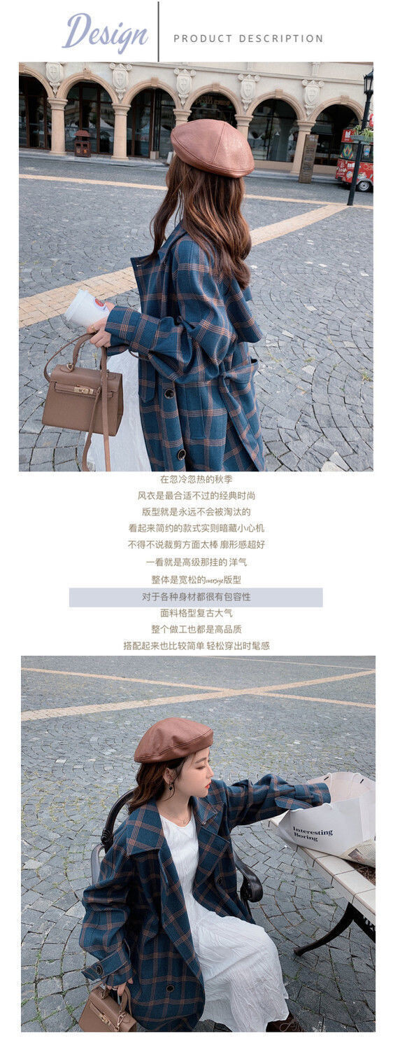 Long Elegant Double Breasted Wool Plaid Coat