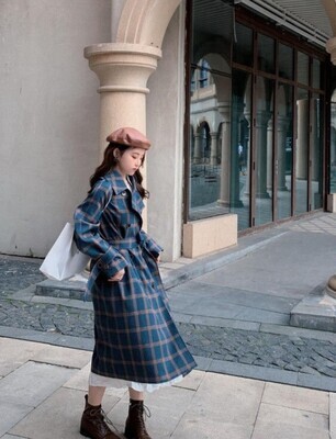 Long Elegant Double Breasted Wool Plaid Coat