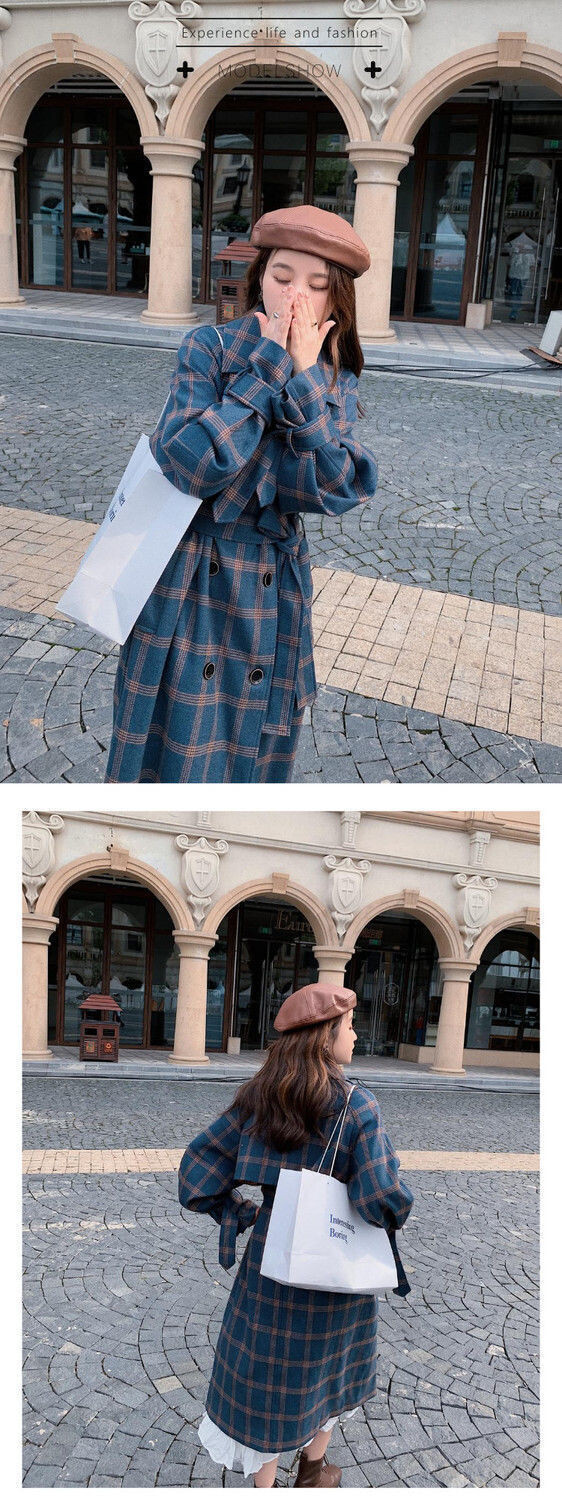 Long Elegant Double Breasted Wool Plaid Coat