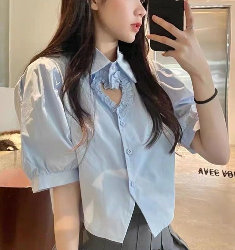Kawaii heart Pattern Puff Sleeve Blouse