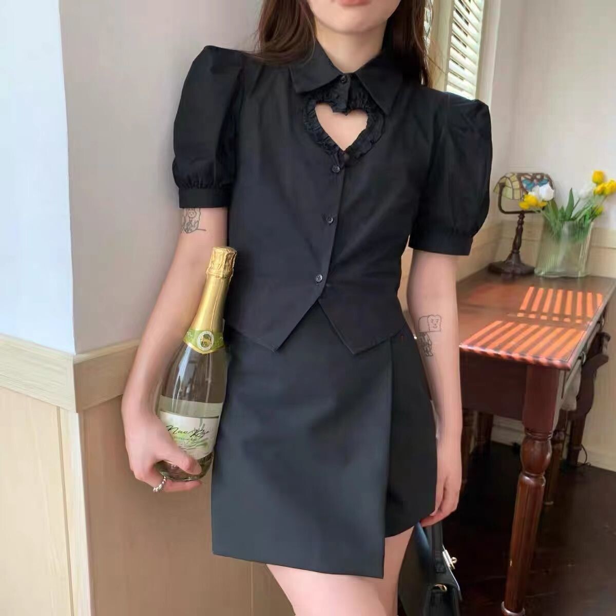 Kawaii heart Pattern Puff Sleeve Blouse
