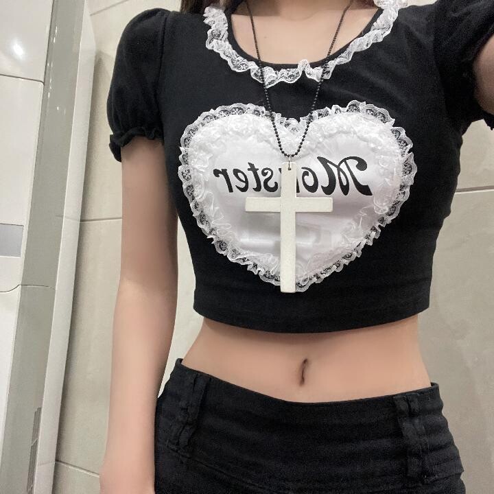 Lace Patchwork Black Gothic Harajuku T-shirt