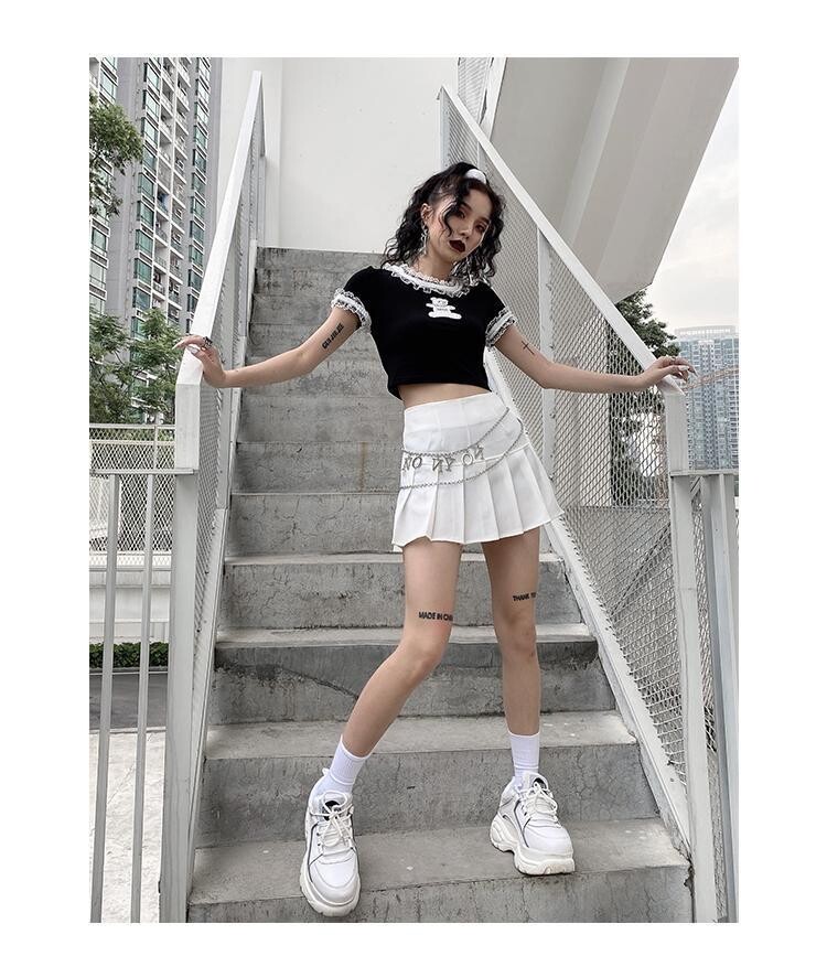 Summer Gothic Harajuku Bear Print Black Crop Top