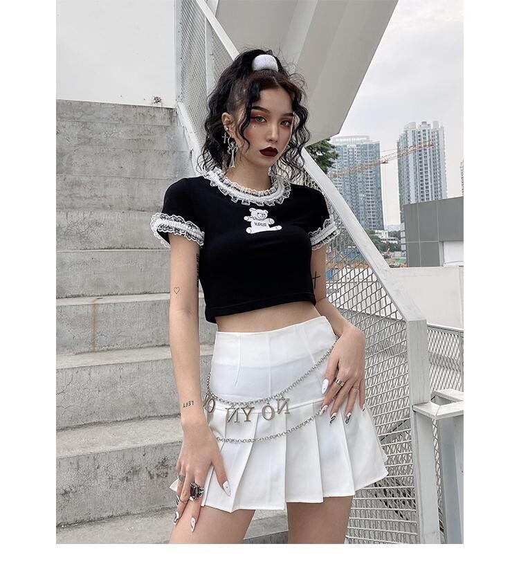 Summer Gothic Harajuku Bear Print Black Crop Top