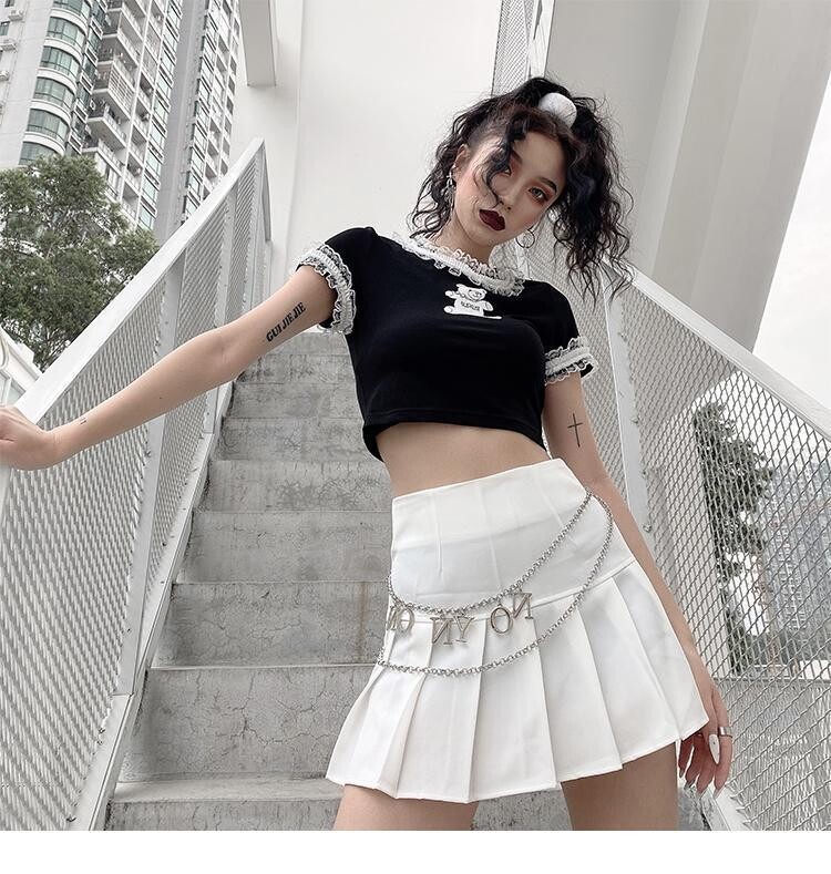 Summer Gothic Harajuku Bear Print Black Crop Top
