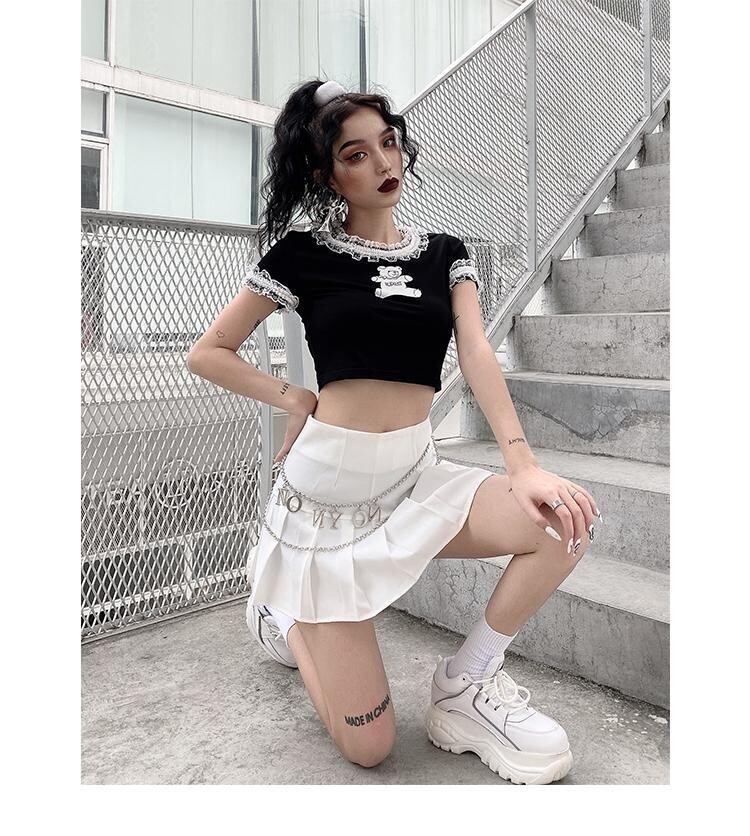 Summer Gothic Harajuku Bear Print Black Crop Top