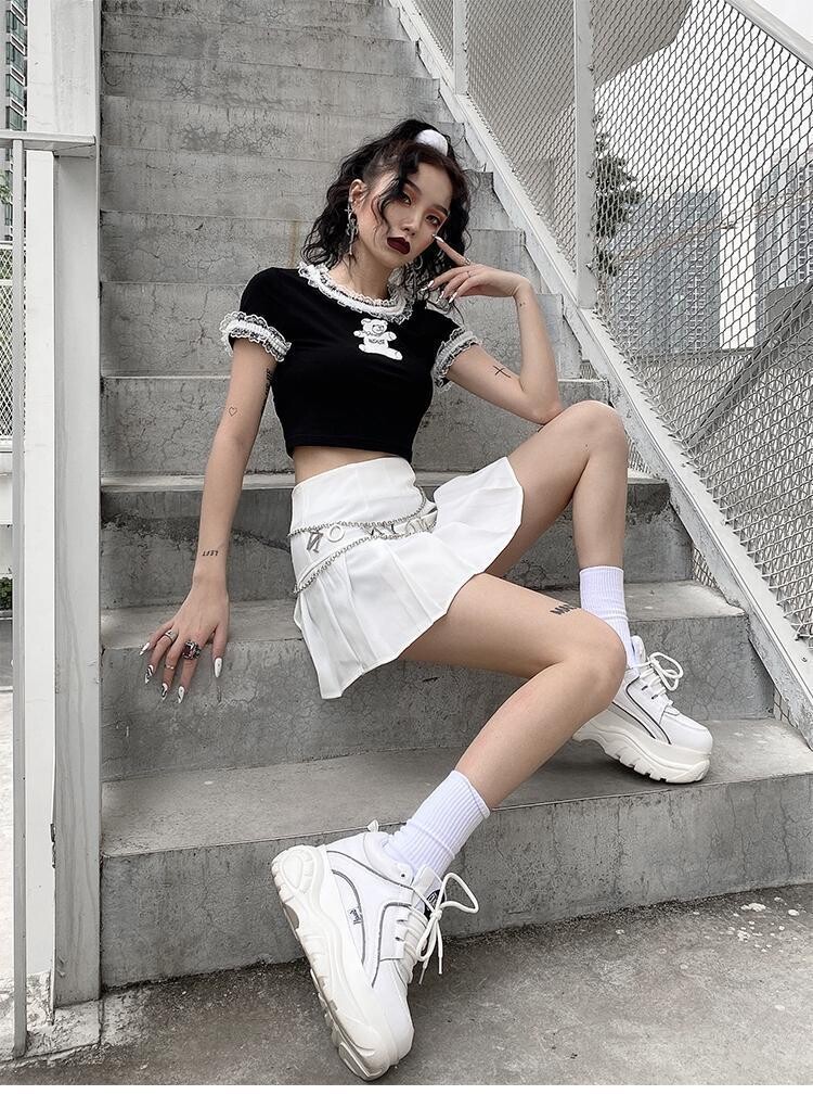 Summer Gothic Harajuku Bear Print Black Crop Top