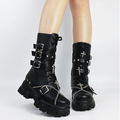 Gothic Style Women Mid calf Boots in Black and White
