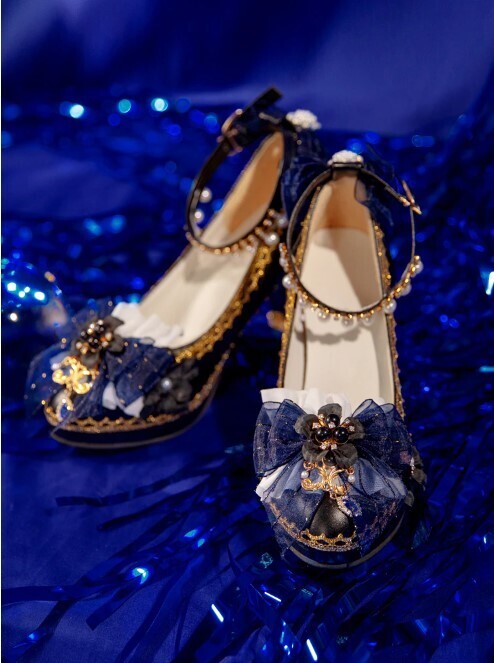 Gothic Lolita Buckle Bow Pearl Flower High Heels Shoes