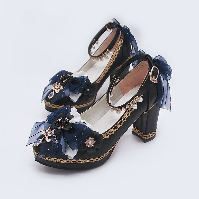 Gothic Lolita Buckle Bow Pearl Flower High Heels Shoes