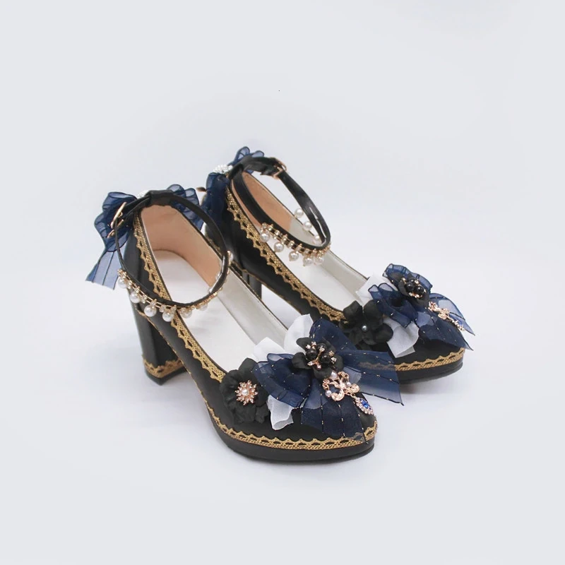 Gothic Lolita Buckle Bow Pearl Flower High Heels Shoes
