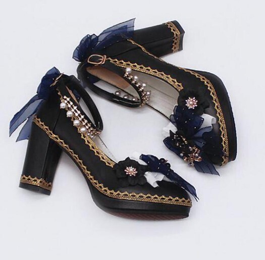 Gothic Lolita Buckle Bow Pearl Flower High Heels Shoes