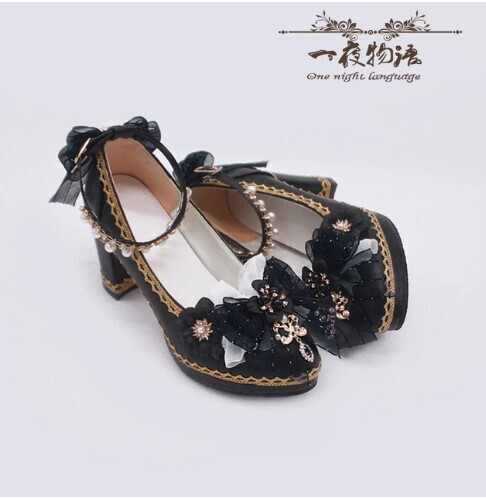 Gothic Lolita Buckle Bow Pearl Flower High Heels Shoes