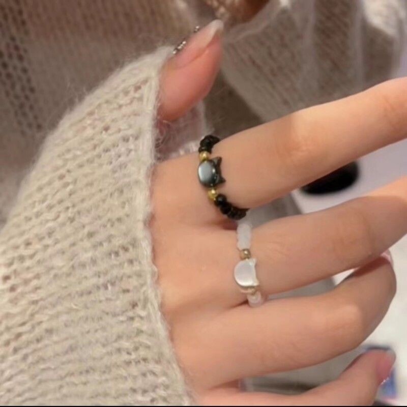 Natural Moonstone Cute Black and White Cat Ring