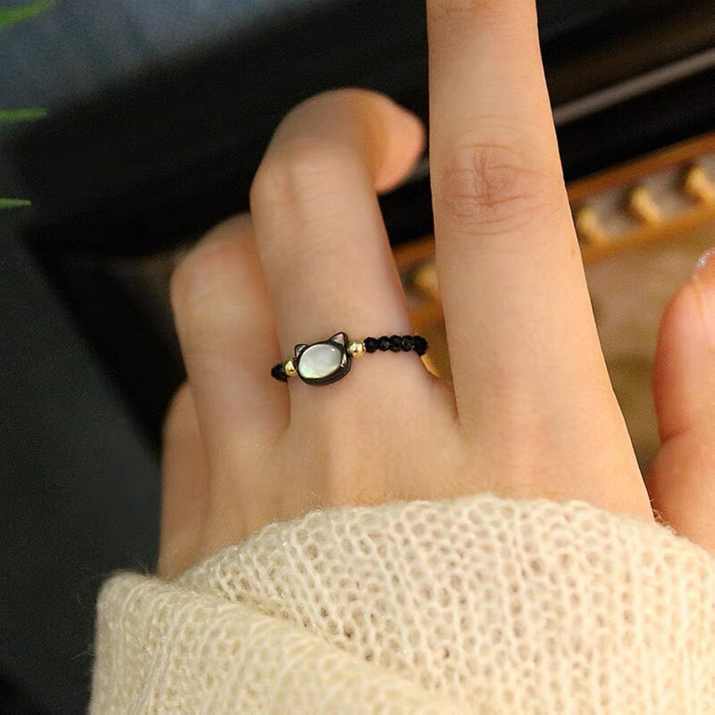 Natural Moonstone Cute Black and White Cat Ring