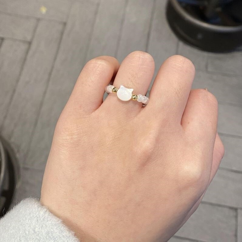 Natural Moonstone Cute Black and White Cat Ring