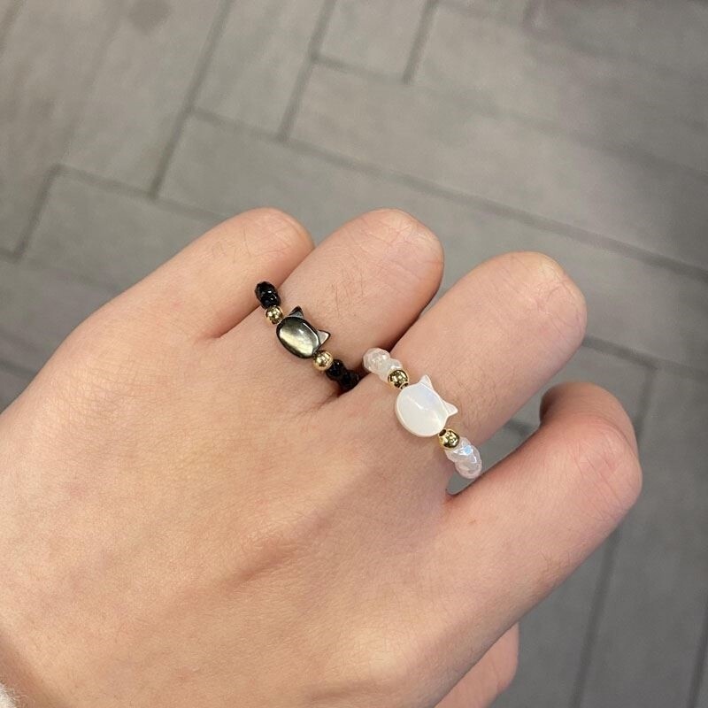 Natural Moonstone Cute Black and White Cat Ring