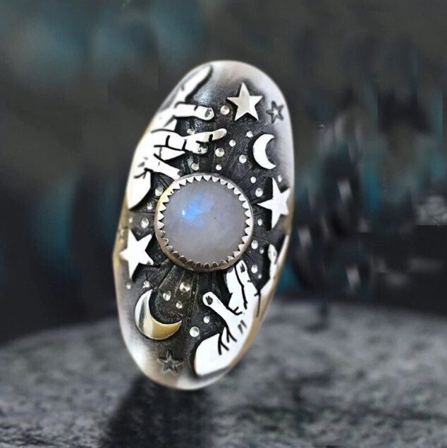 Whimsical Stars and Moon Vintage Style Ring