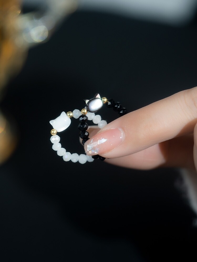 Natural Moonstone Cute Black and White Cat Ring